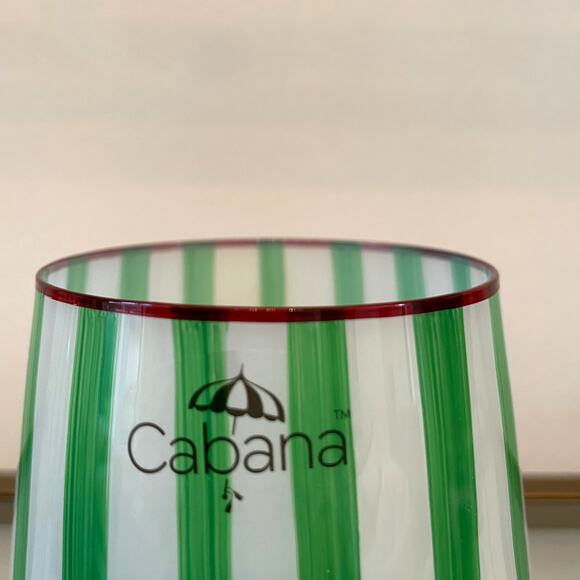 Cabana Green Striped Stemless Wine Glasses 17oz Set of 2 Holiday BarwareNEW - Picture 3 of 12